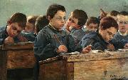 Paul Louis Martin des Amoignes In the classroom. Signed and dated P.L. Martin des Amoignes 1886 Sweden oil painting artist